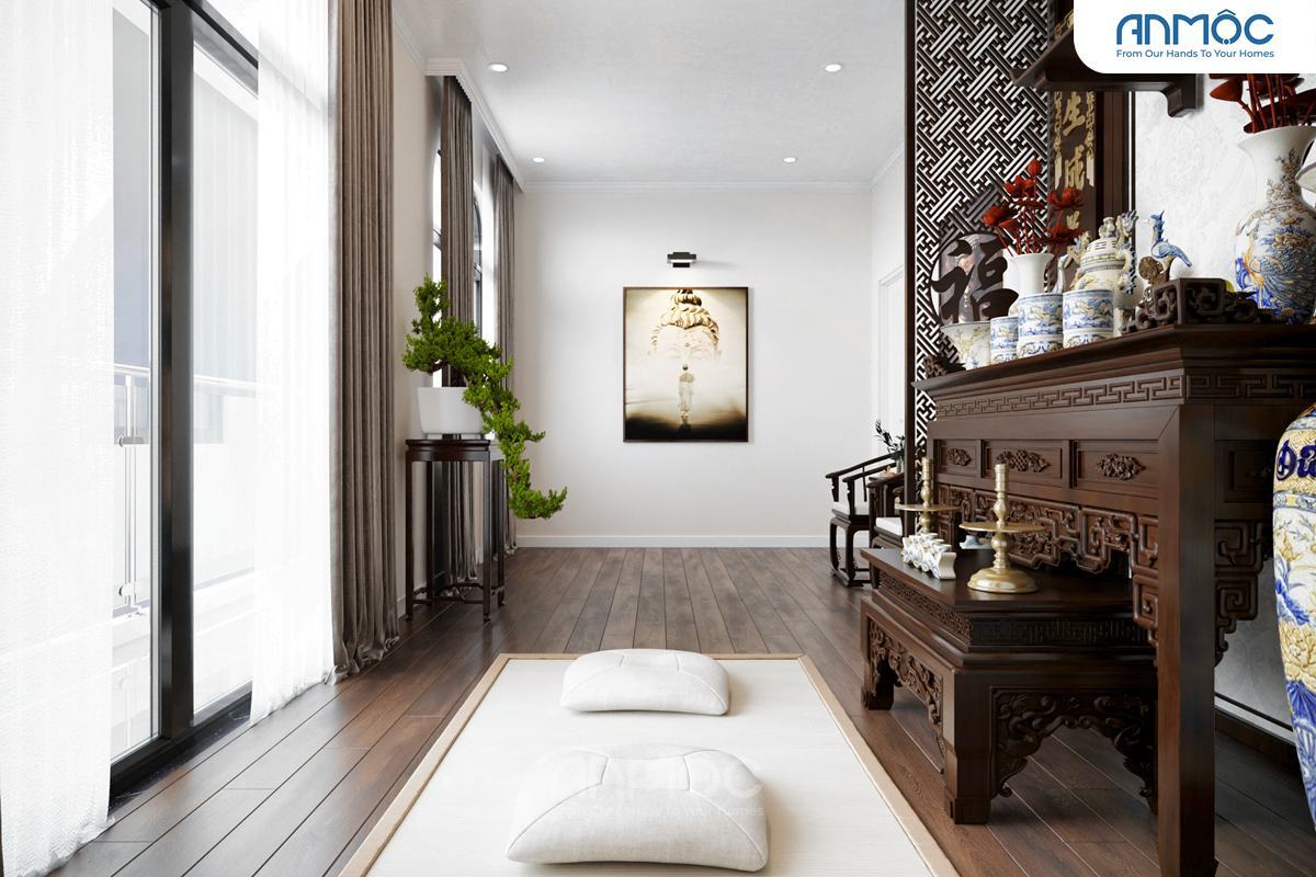 21+ Mẫu Thiết Kế Nội Thất Nhà Phố Đẹp Không Thể Bỏ Qua 2026 2089 Góc nhìn hành lang dẫn vào phòng thờ, thể hiện không gian tĩnh lặng với thảm trải sàn trắng