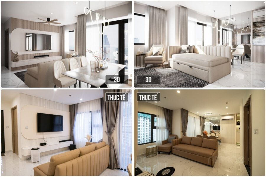 So sánh bản vẽ 3D và không gian thực tế phòng khách chung cư Vinhomes Grand Park So sánh ảnh 3D và thực tế hoàn thiện nội thất phòng khách chung cư Vinhomes 1509