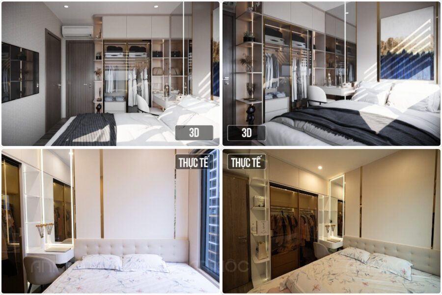 So sánh ảnh 3D và thực tế phòng ngủ master chung cư Vinhomes Grand Park 70m2 1509 So sánh ảnh 3D và thực tế hoàn thiện nội thất phòng master chung cư Vinhomes 1509