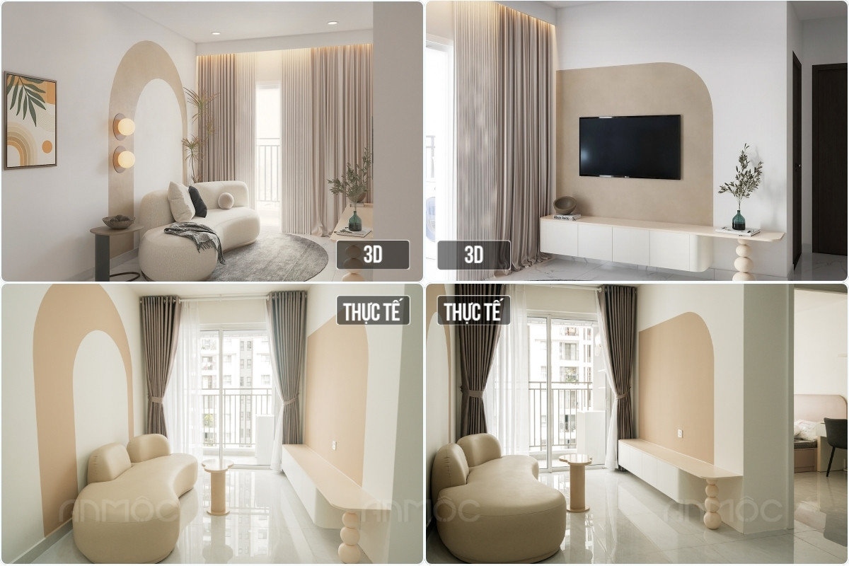 Hoàn Thiện Thi Công Nội Thất Chung Cư Sunrise Riverside 86m2 40 So sánh ảnh 3D và thực tế hoàn thiện phòng khách Sunrise Riverside