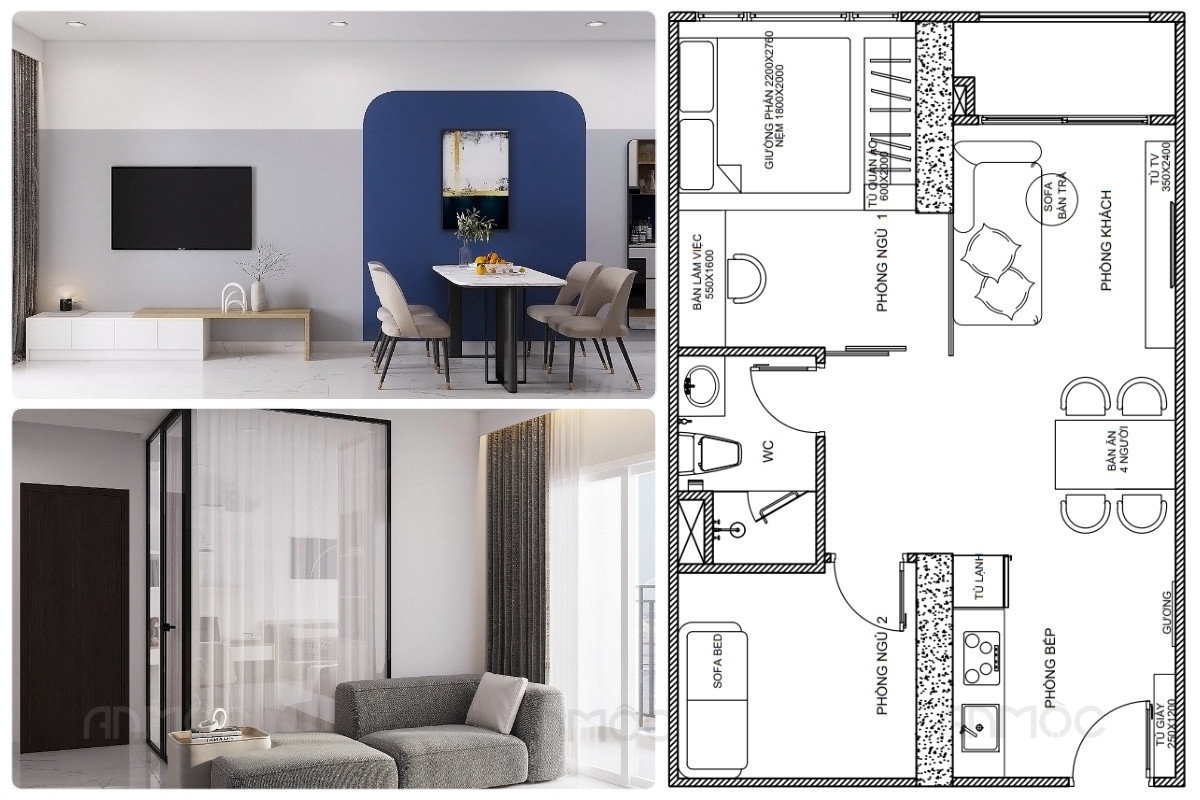 55+ Mẫu Thiết Kế Nội Thất Chung Cư "Đỉnh Nhất" 2026 3765 Thiết kế nội thất chung cư 2 phòng ngủ, bố trí khoa học và hiện đại