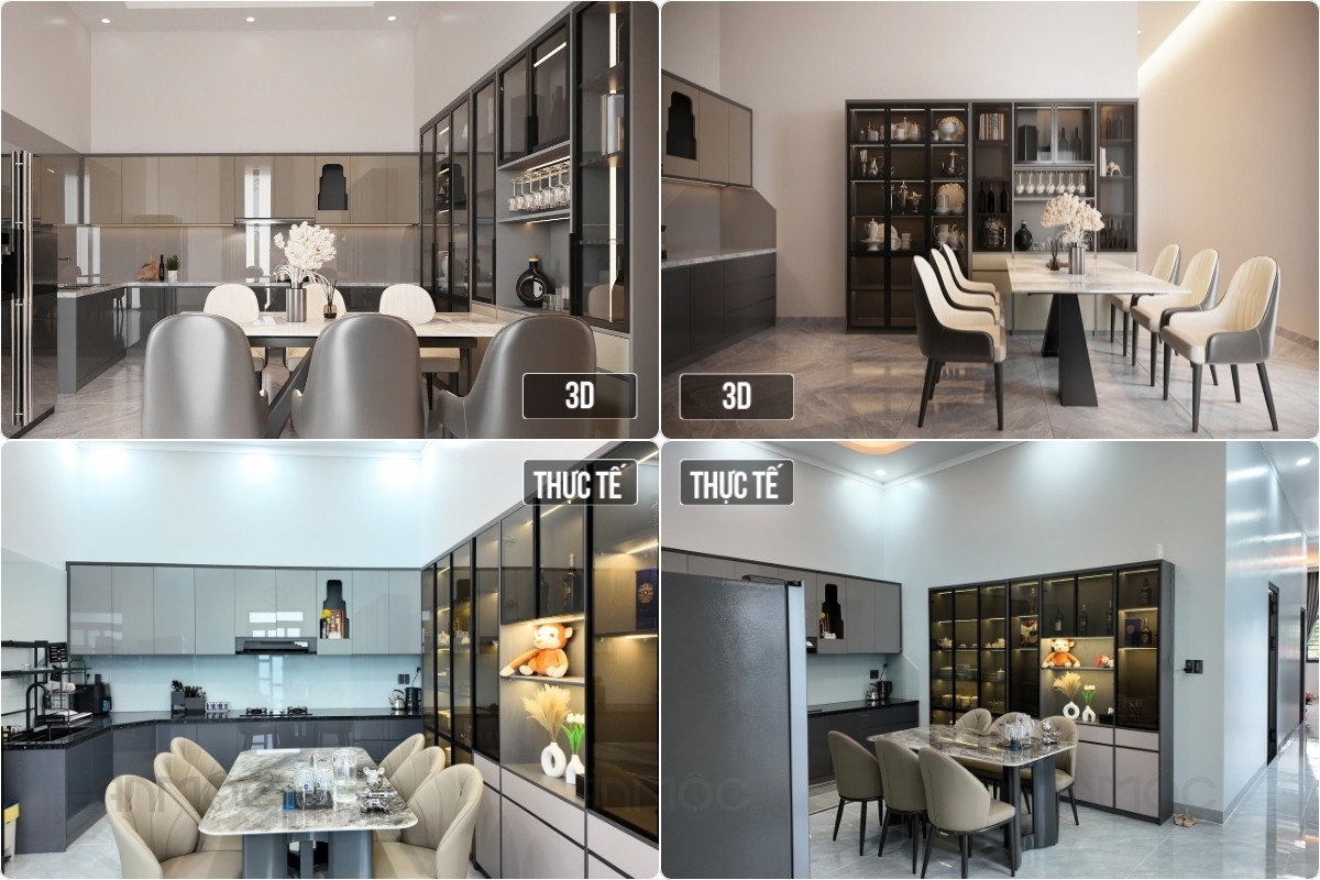 Hoàn Thiện Thi Công Nội Thất Nhà Phố Bình Dương 120m2 44 3D và thực tế thi công hoàn thiện phòng bếp nhà phố Bình Dương 120m2