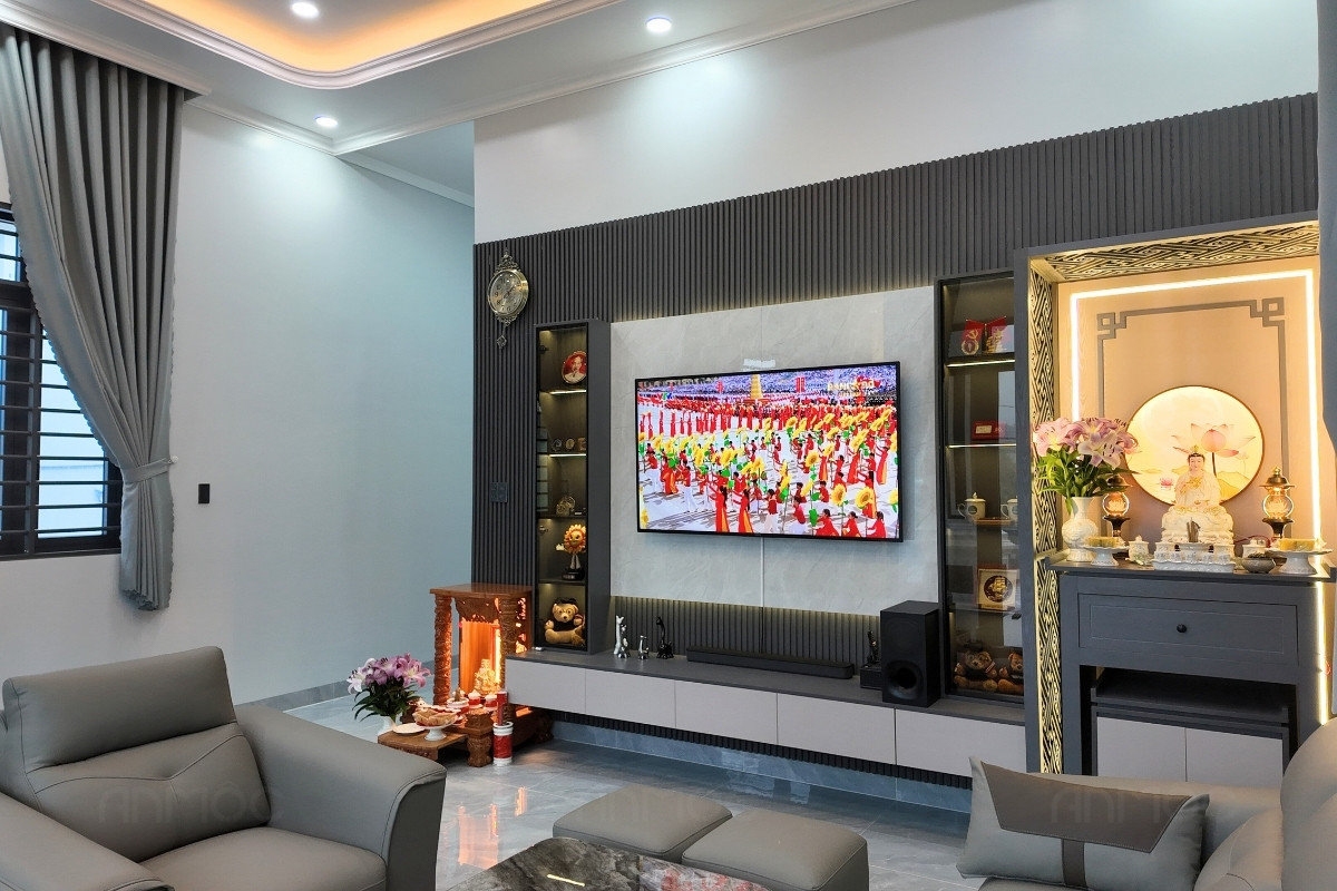 Hoàn Thiện Thi Công Nội Thất Nhà Phố Bình Dương 120m2 40 Góc nhìn phòng khách nhà phố Bình Dương 120m2 từ bên phải