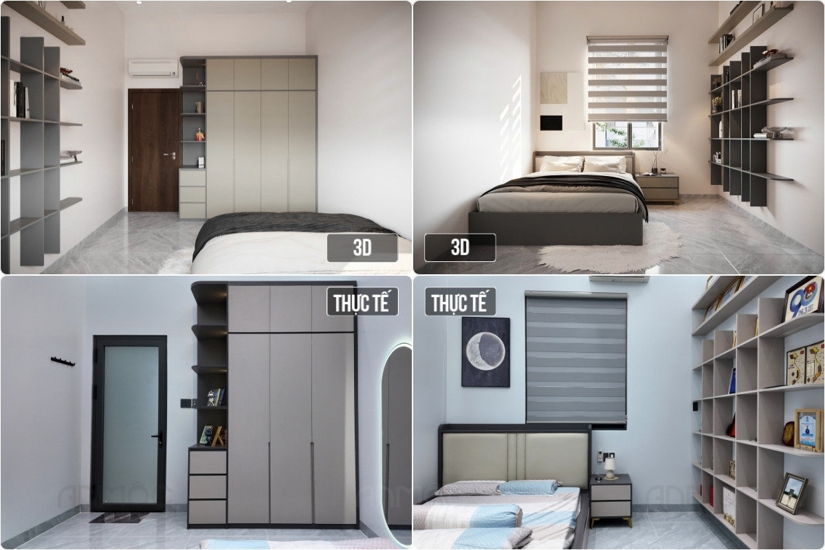 Hoàn Thiện Thi Công Nội Thất Nhà Phố Bình Dương 120m2 55 Hình ảnh 3D và các góc thi công thực tế của phòng ngủ nhỏ nhà phố Bình Dương 120m2