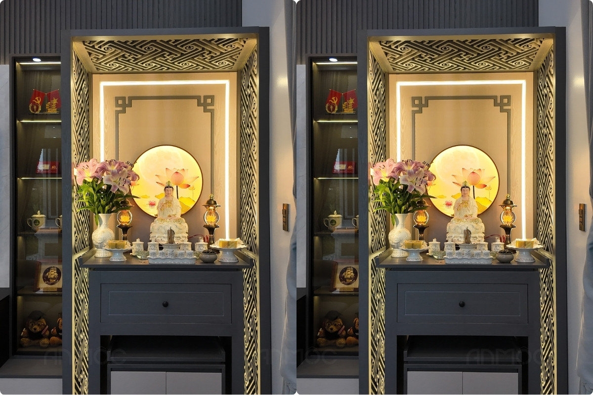 Khu vực tủ thờ được thiết kế tinh tế, trang nghiêm, bố trí gọn gàng ngay góc phòng khách