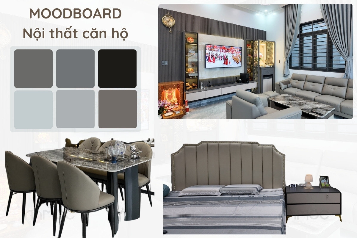 Hoàn Thiện Thi Công Nội Thất Nhà Phố Bình Dương 120m2 36 Moodboard nội thất căn hộ với gam màu trung tính, mang lại sự tinh tế, nâng cấp cho không gian sống