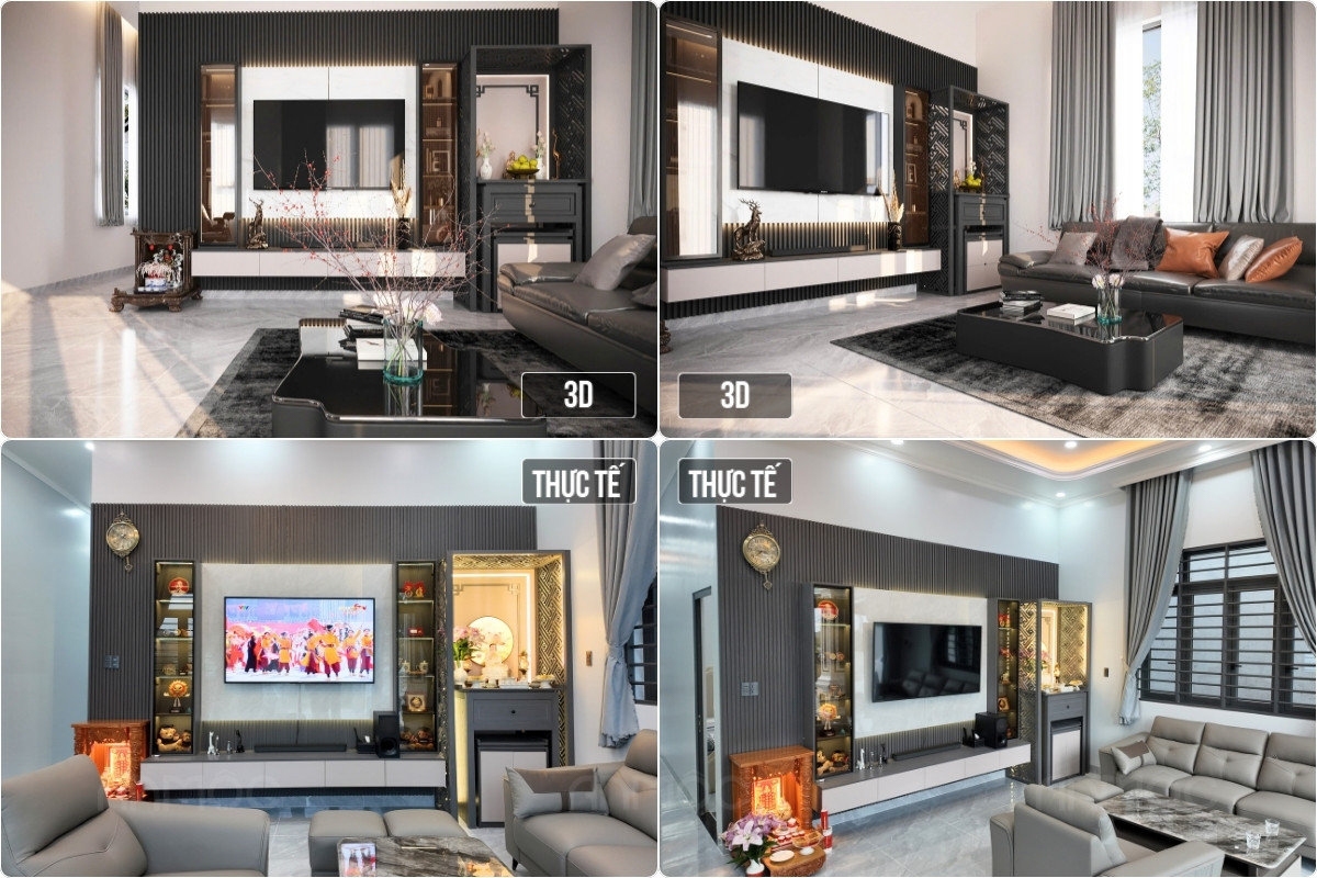 Hoàn Thiện Thi Công Nội Thất Nhà Phố Bình Dương 120m2 38 Phối cảnh 3D và thực tế thi công hoàn thiện phòng khách nhà phố Bình Dương 120m2
