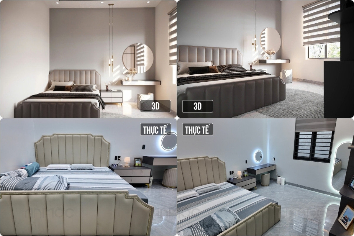 Hoàn Thiện Thi Công Nội Thất Nhà Phố Bình Dương 120m2 50 So sánh hình ảnh 3D và thực tế hoàn thiện nội thất phòng ngủ master nhà phố Bình Dương