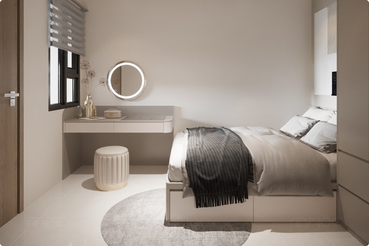 55+ Mẫu Thiết Kế Nội Thất Chung Cư "Đỉnh Nhất" 2026 2706 Bàn trang điểm và giường ngủ liền mạch, tạo cảm giác thoáng và dễ sử dụng