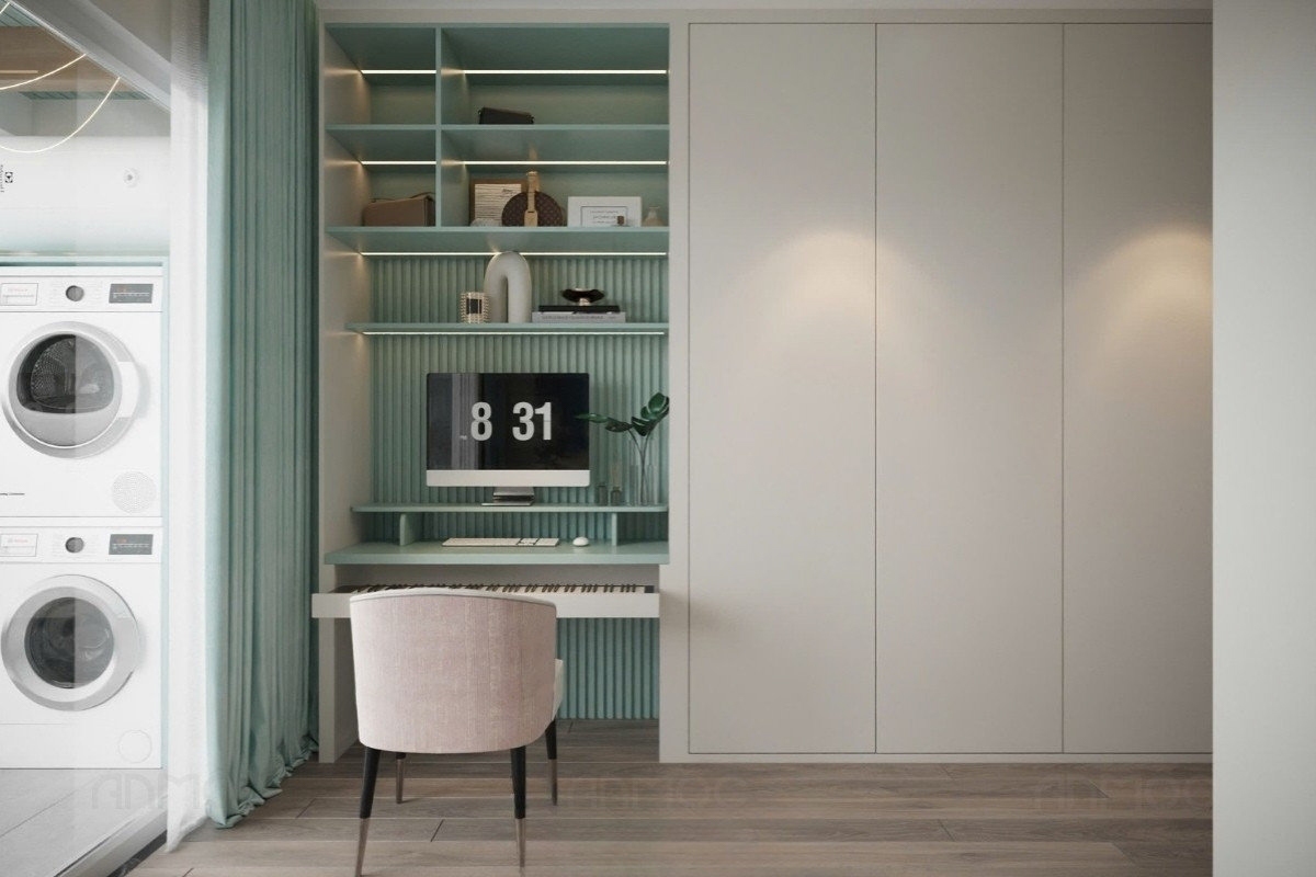 55+ Mẫu Thiết Kế Nội Thất Chung Cư "Đỉnh Nhất" 2026 2722 Bàn làm việc bố trí thông minh với hệ kệ đa năng, giúp tối ưu không gian lưu trữ