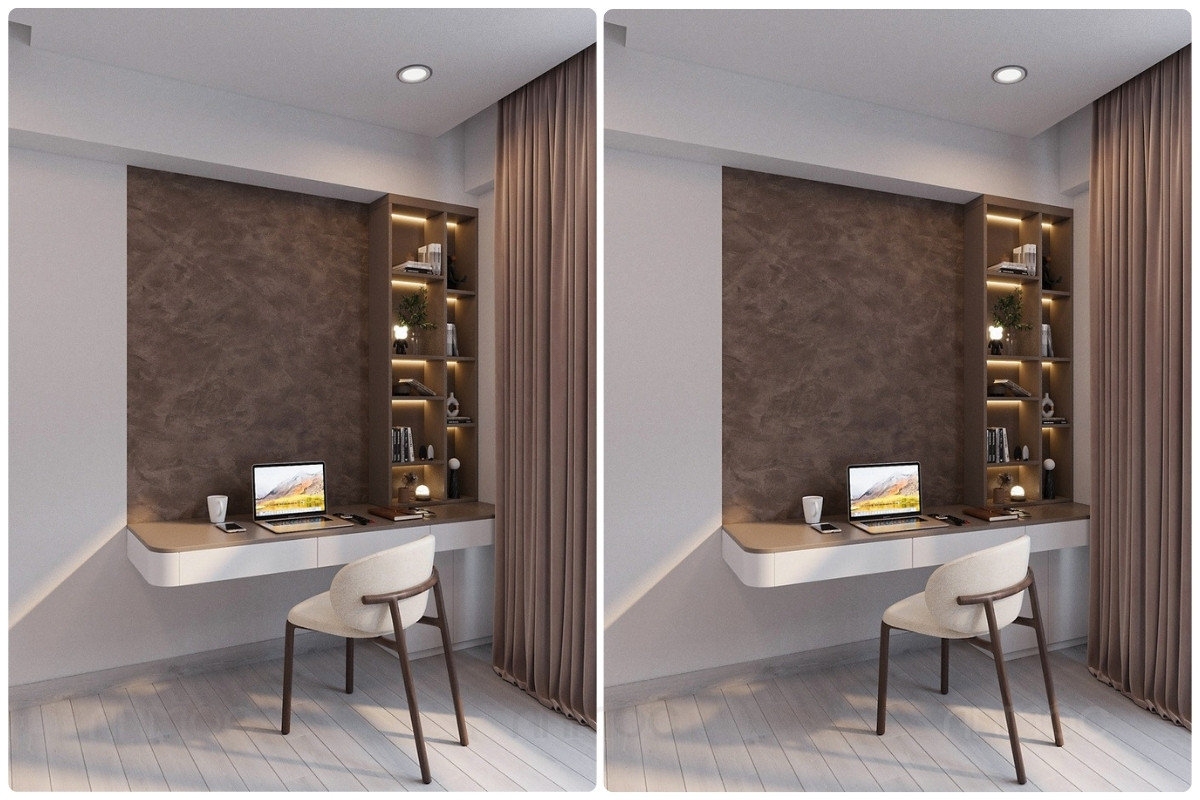 55+ Mẫu Thiết Kế Nội Thất Chung Cư "Đỉnh Nhất" 2026 2656 Bàn làm việc phòng ngủ master thiết kế gọn gàng, kết hợp kệ trang trí tinh tế, tạo không gian làm việc hiệu quả