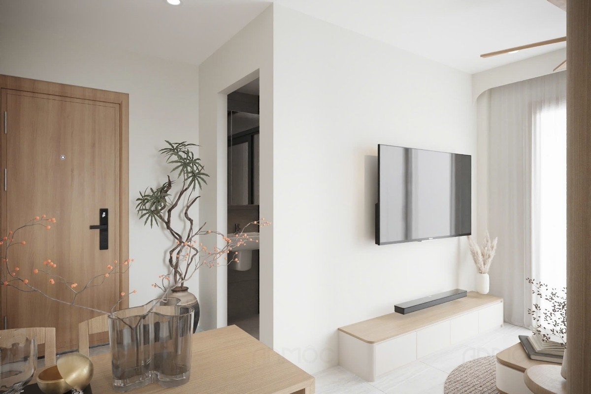 55+ Mẫu Thiết Kế Nội Thất Chung Cư "Đỉnh Nhất" 2026 2576 Góc nhìn phòng khách căn hộ Bcons Polaris 49m2 với bố trí gọn gàng, đường nét tối giản và tinh tế