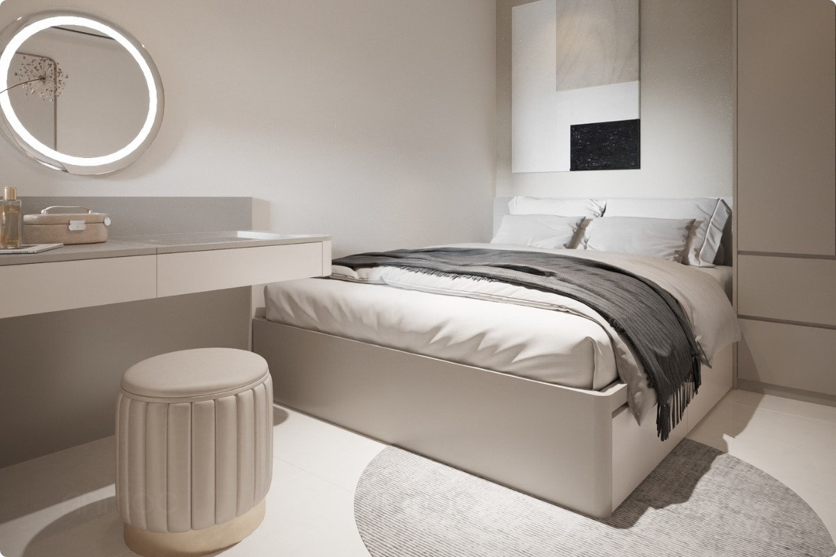 55+ Mẫu Thiết Kế Nội Thất Chung Cư "Đỉnh Nhất" 2026 2705 Góc nhìn tổng thể phòng ngủ nhỏ từ khu vực cửa ra vào