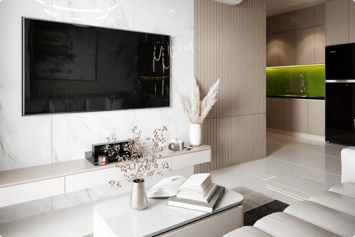 55+ Mẫu Thiết Kế Nội Thất Chung Cư "Đỉnh Nhất" 2026 2698 Góc nhìn từ phòng khách ra phòng bếp