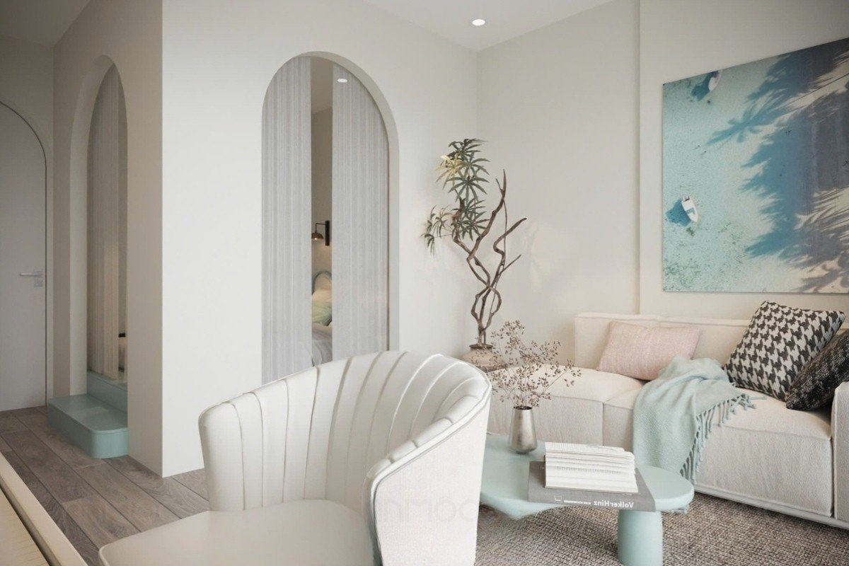 55+ Mẫu Thiết Kế Nội Thất Chung Cư "Đỉnh Nhất" 2026 2723 Góc phòng khách căn hộ với điểm nhấn bo cong mềm mại, nội thất tinh giản tông sáng, mang lại cảm giác thanh lịch và thư thái