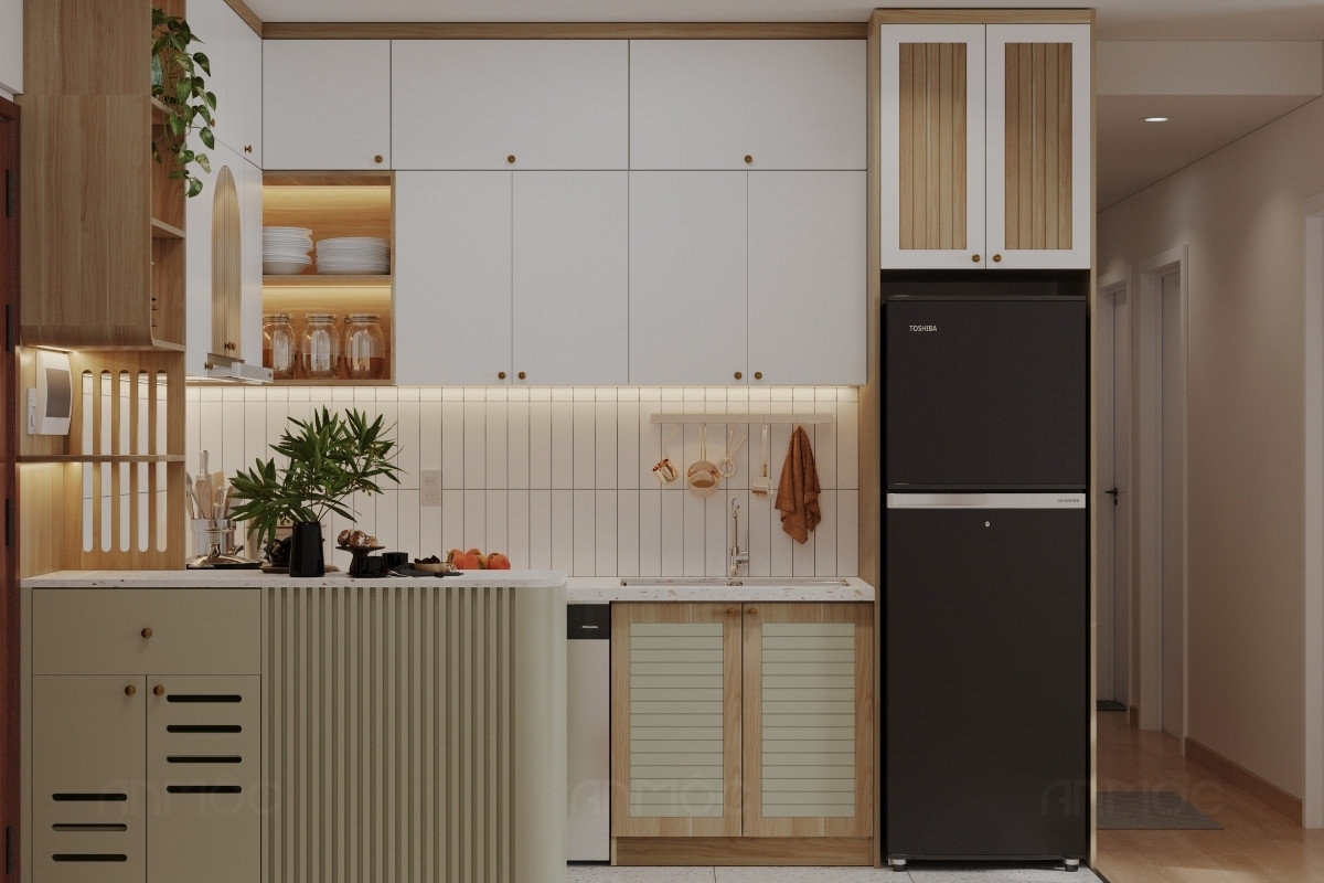 55+ Mẫu Thiết Kế Nội Thất Chung Cư "Đỉnh Nhất" 2026 2606 Hệ tủ bếp chữ L kết hợp bàn đảo đa năng giúp tối ưu diện tích lưu trữ và mang lại không gian bếp gọn gàng, tiện nghi