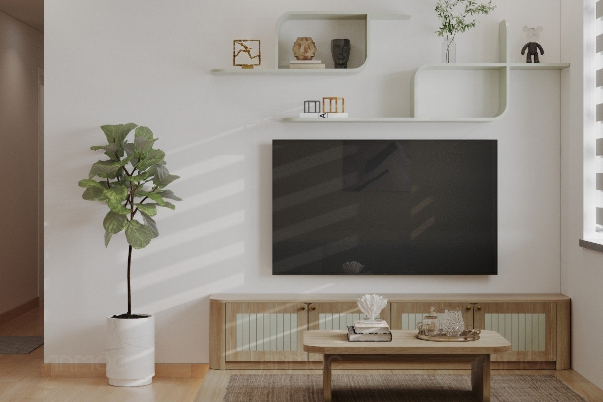 55+ Mẫu Thiết Kế Nội Thất Chung Cư "Đỉnh Nhất" 2026 2607 Kệ tủ tivi gỗ gọn gàng tạo cảm giác ấm cúng và hiện đại cho phòng khách chung cư Topaz Home 67m2