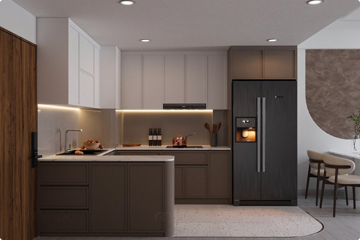 55+ Mẫu Thiết Kế Nội Thất Chung Cư "Đỉnh Nhất" 2026 2659 Không gian bếp căn hộ Parcspring 65m2 với hệ tủ bếp chữ L kết hợp bàn đảo hiện đại, tiện lợi