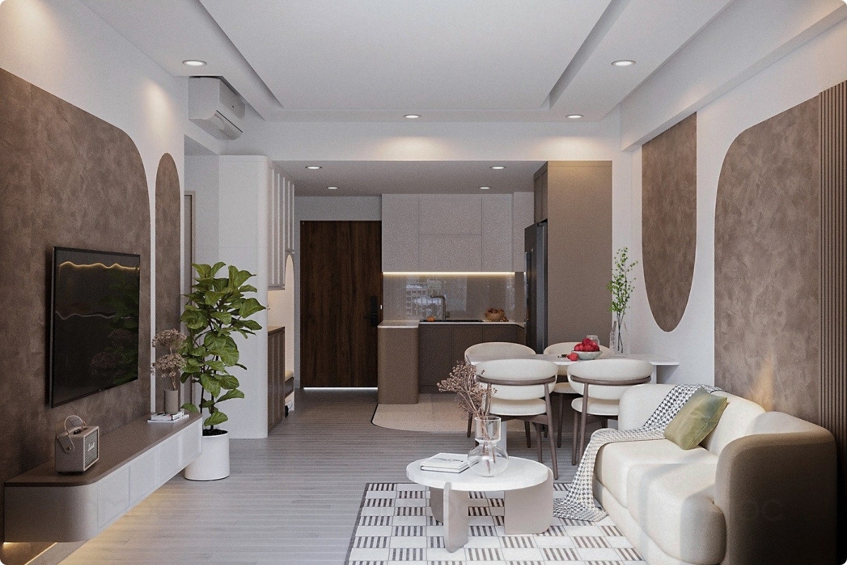 55+ Mẫu Thiết Kế Nội Thất Chung Cư "Đỉnh Nhất" 2026 2660 Không gian căn hộ hiện đại, ấm áp với gam màu trung tính, hài hòa giữa phòng khách và bếp