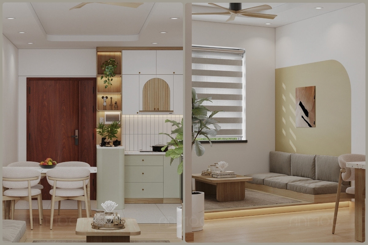 55+ Mẫu Thiết Kế Nội Thất Chung Cư "Đỉnh Nhất" 2026 2609 Không gian khách bếp được thiết kế liền mạch tạo sự kết nối và thông thoáng cho căn hộ Topaz Home 67m2