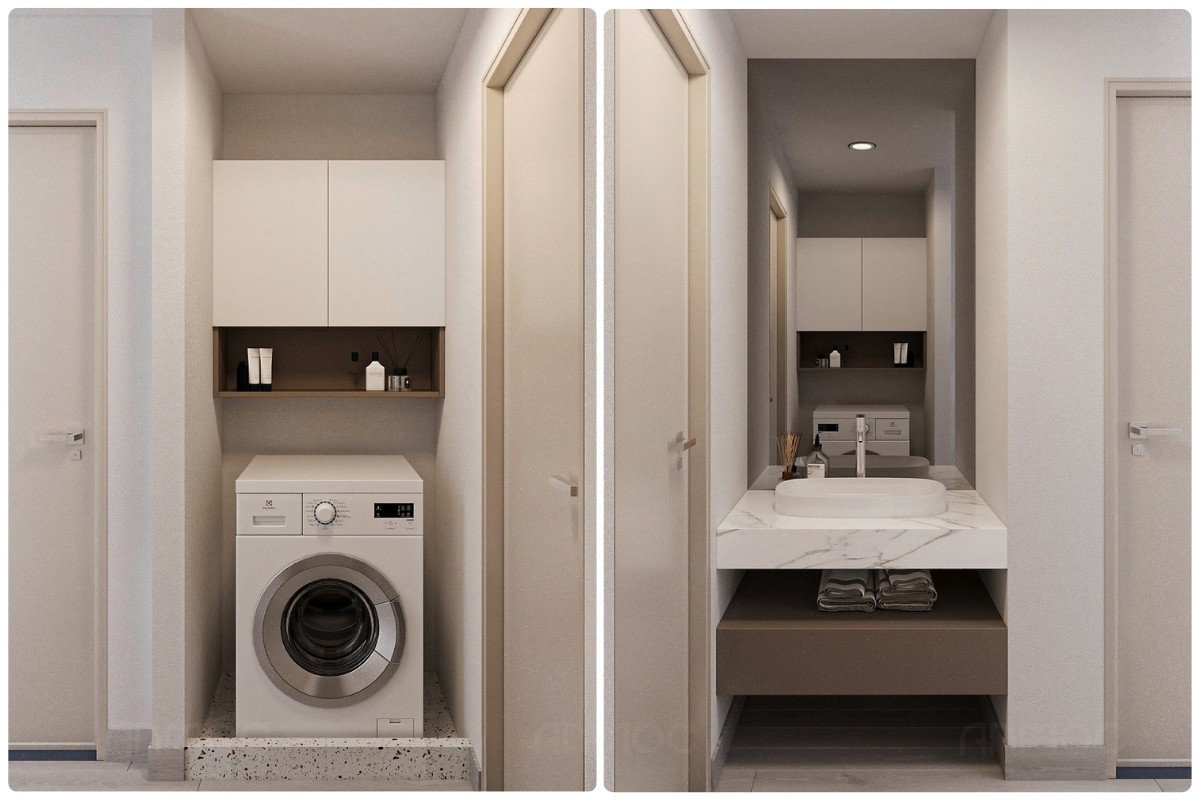 55+ Mẫu Thiết Kế Nội Thất Chung Cư "Đỉnh Nhất" 2026 2662 Khu vực giặt sấy và lavabo được bố trí gọn gàng với thiết kế tối giản và tối ưu công năng cho không gian nhỏ
