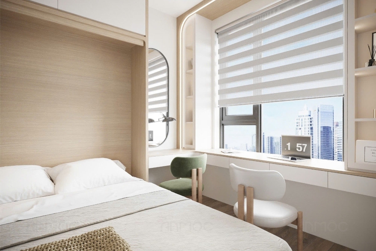 55+ Mẫu Thiết Kế Nội Thất Chung Cư "Đỉnh Nhất" 2026 2581 Khu vực làm việc được kết hợp liền mạch với bàn trang điểm, tạo nên sự kết nối và tối ưu không gian cho phòng ngủ căn hộ Bcons Polaris 49m2