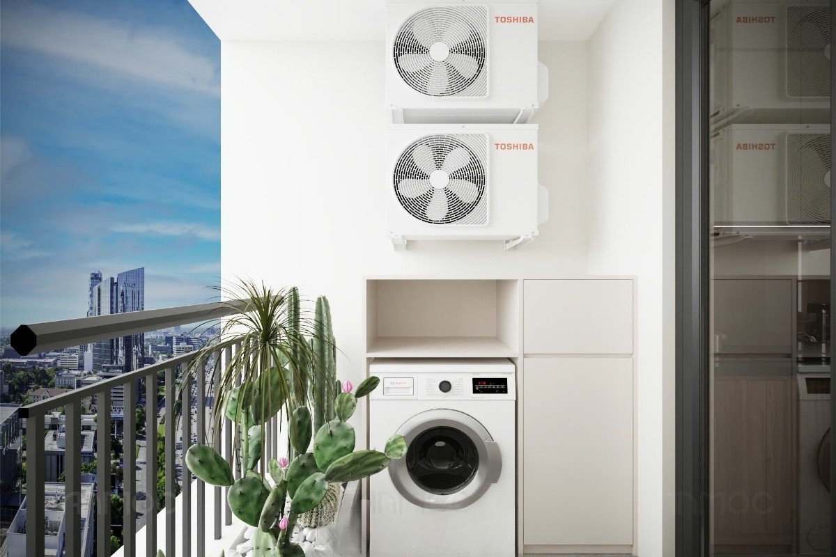 55+ Mẫu Thiết Kế Nội Thất Chung Cư "Đỉnh Nhất" 2026 2582 Khu vực logia căn hộ Bcons Polaris 49m2 được bố trí gọn gàng, tích hợp máy giặt và dàn nóng máy lạnh một cách hợp lý