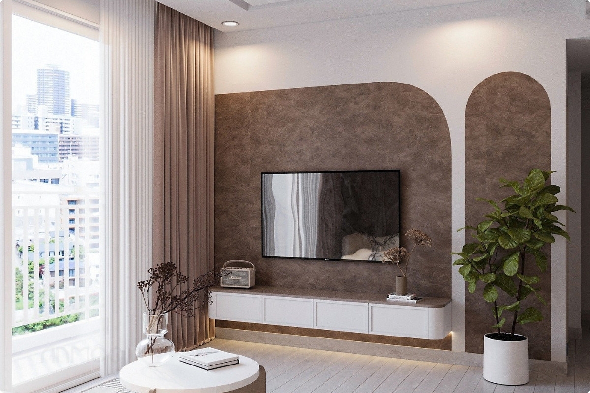55+ Mẫu Thiết Kế Nội Thất Chung Cư "Đỉnh Nhất" 2026 2663 Khu vực phòng khách với vách TV thiết kế bo cong tinh tế trong căn hộ Parcspring 65m2