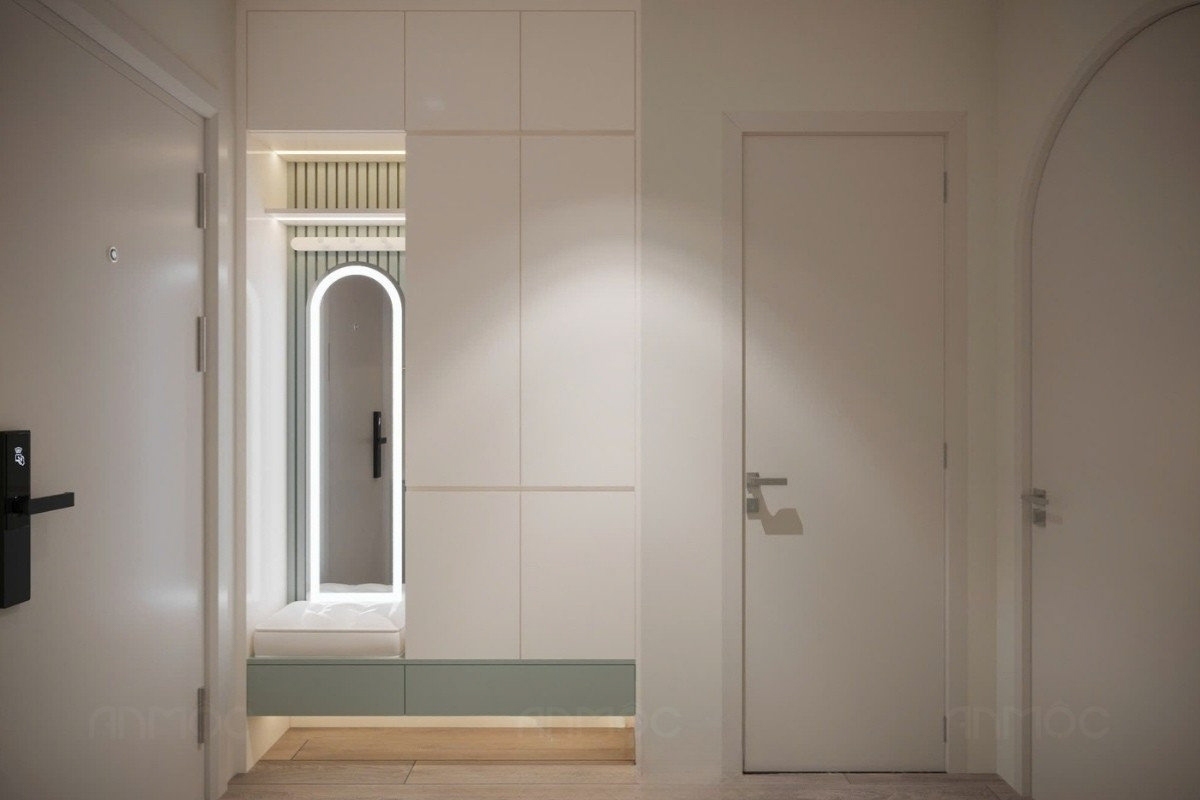 55+ Mẫu Thiết Kế Nội Thất Chung Cư "Đỉnh Nhất" 2026 2725 Khu vực sảnh vào căn hộ với hệ tủ giày tích hợp gương mang lại sự tiện nghi và tạo điểm nhấn thẩm mỹ ngay từ khi bước vào