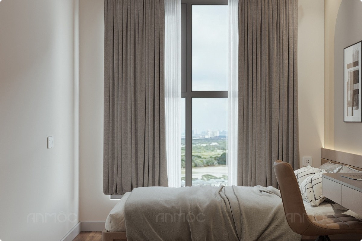 55+ Mẫu Thiết Kế Nội Thất Chung Cư "Đỉnh Nhất" 2026 2742 Mẫu rèm cửa 2 lớp màu ám ghi hiện đại giúp cản nắng và trang trí phòng ngủ