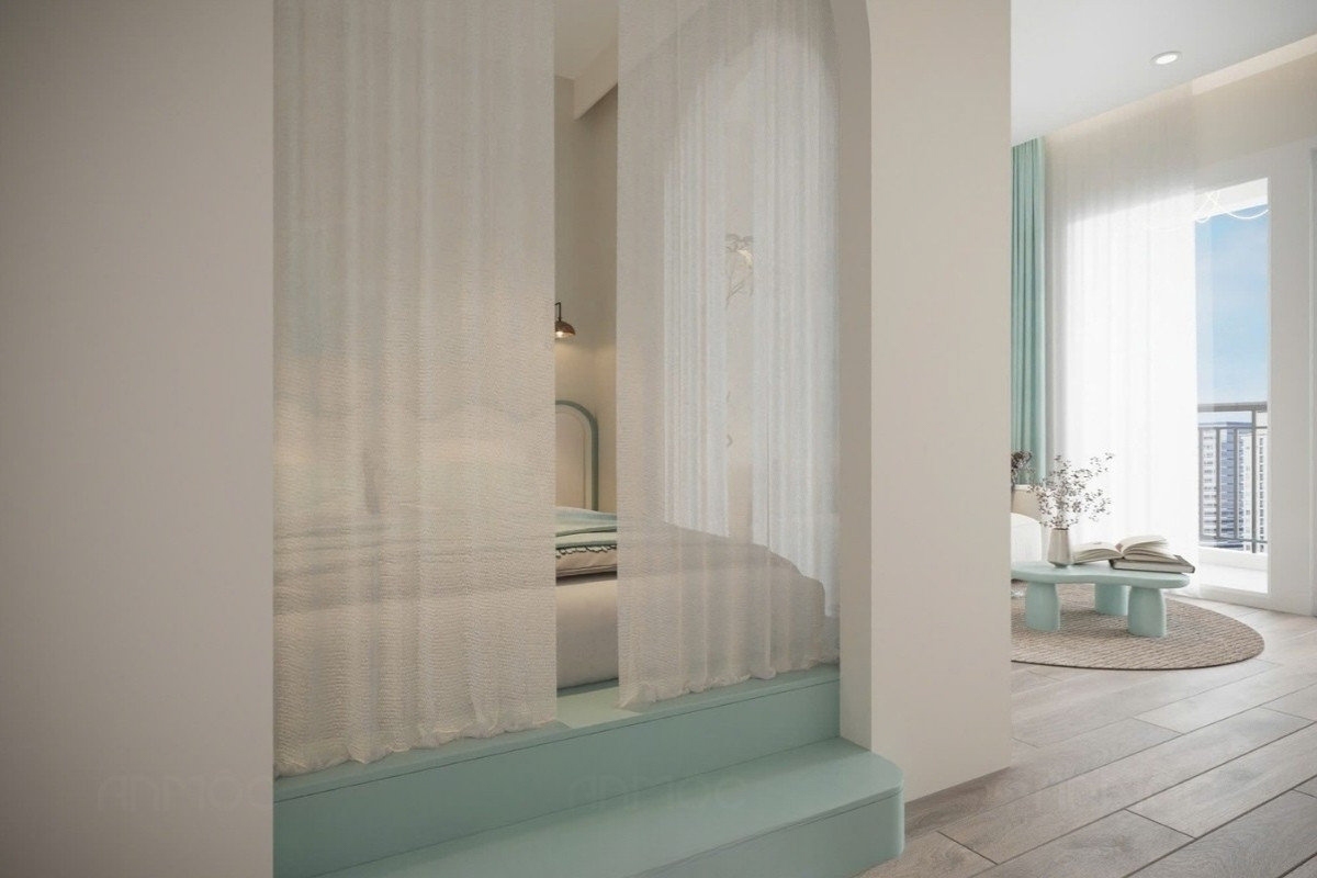 55+ Mẫu Thiết Kế Nội Thất Chung Cư "Đỉnh Nhất" 2026 2727 Phòng ngủ căn hộ Sunrise Riverside 34m2 thiết kế với rèm voan nhẹ, tạo cảm giác riêng tư mà vẫn thông thoáng trong diện tích hạn chế