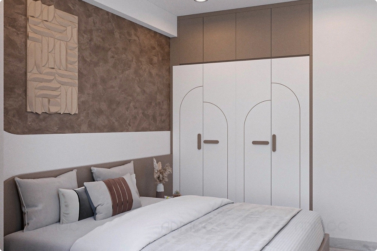 55+ Mẫu Thiết Kế Nội Thất Chung Cư "Đỉnh Nhất" 2026 2664 Phòng ngủ master thiết kế hiện đại với gam nâu be ấm áp, mang đến cảm giác thư giãn, dễ chịu