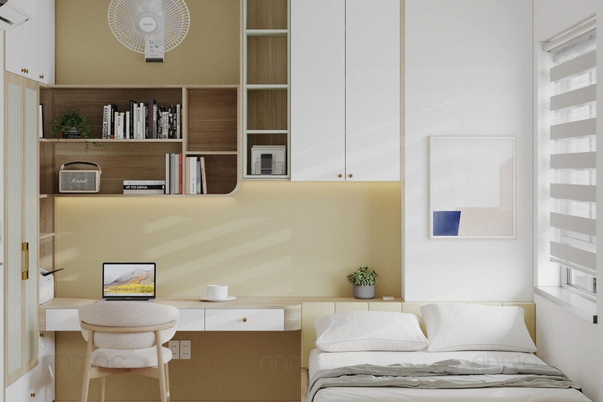 55+ Mẫu Thiết Kế Nội Thất Chung Cư "Đỉnh Nhất" 2026 2610 Phòng ngủ nhỏ chung cư Topaz Home được thiết kế với nội thất đa năng, tích hợp nhiều chức năng giúp lưu trữ vật dụng gọn gàng, ngăn nắp