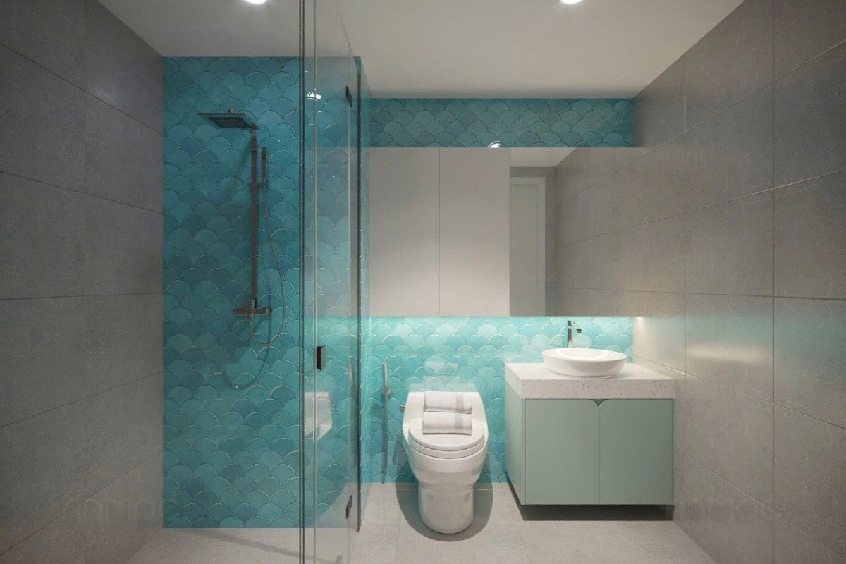 55+ Mẫu Thiết Kế Nội Thất Chung Cư "Đỉnh Nhất" 2026 2728 Phòng tắm căn hộ Sunrise Riverside 34m2 nổi bật với gạch xanh pastel, bố trí gọn gàng, hiện đại, mang lại cảm giác tươi mát và thư giãn