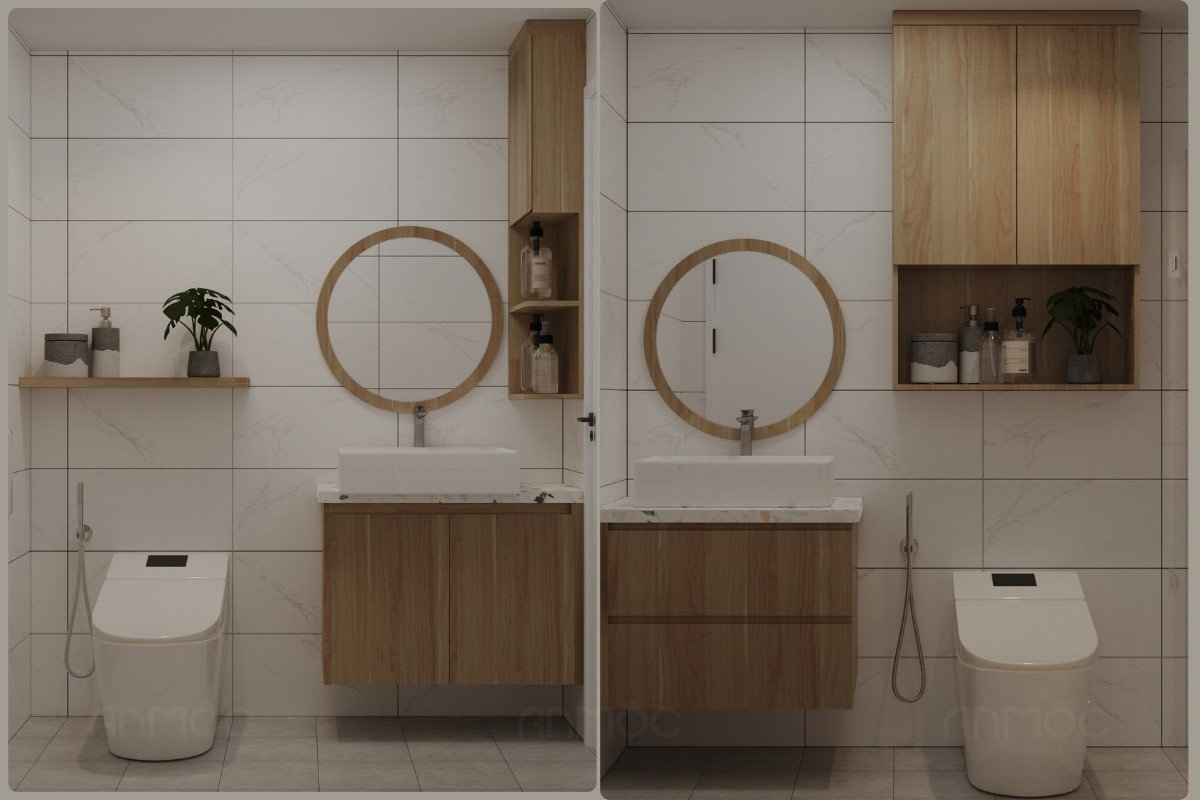 55+ Mẫu Thiết Kế Nội Thất Chung Cư "Đỉnh Nhất" 2026 2611 Phòng vệ sinh sử dụng gam màu sáng kết hợp nội thất gỗ tự nhiên, bố trí gọn gàng mang lại cảm giác thư giãn, thoải mái