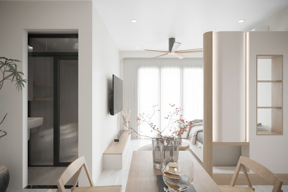 55+ Mẫu Thiết Kế Nội Thất Chung Cư "Đỉnh Nhất" 2026 2584 Thiết kế không gian mở căn hộ Bcons Polaris 49m2 kết nối hài hòa giữa phòng khách và khu vực chức năng