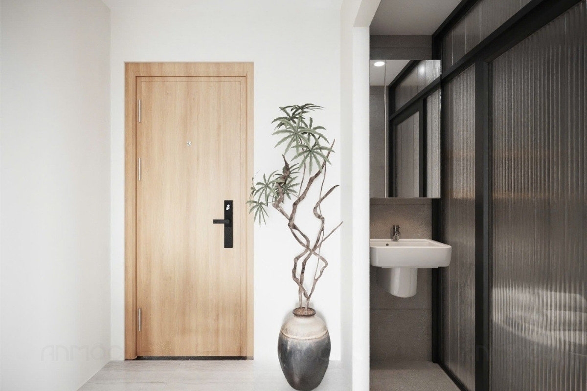 55+ Mẫu Thiết Kế Nội Thất Chung Cư "Đỉnh Nhất" 2026 2585 Thiết kế lối vào căn hộ liền kề khu vực vệ sinh, đảm bảo sự riêng tư và tiện lợi trong sinh hoạt