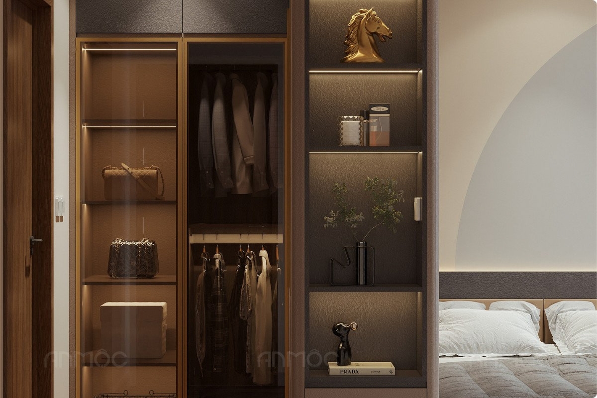 55+ Mẫu Thiết Kế Nội Thất Chung Cư "Đỉnh Nhất" 2026 2748 Thiết kế tủ áo kết hợp kệ trang trí trưng bày túi xách và phụ kiện sang trọng