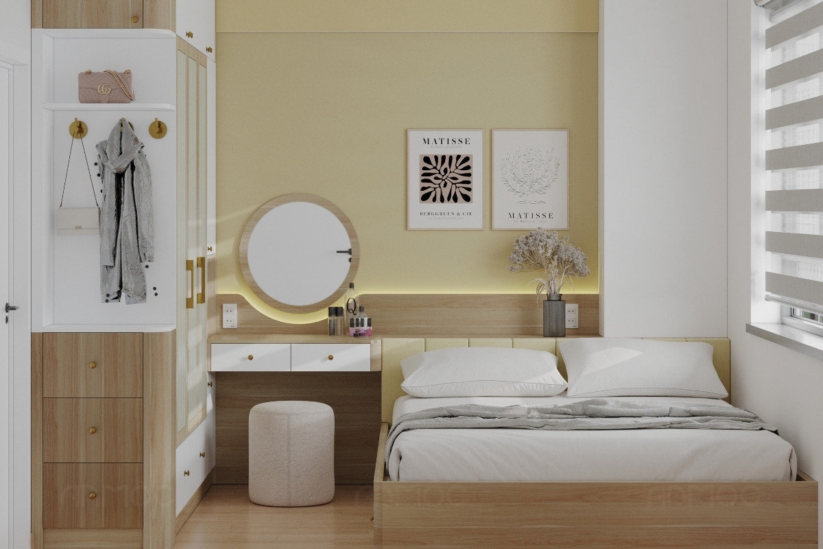 55+ Mẫu Thiết Kế Nội Thất Chung Cư "Đỉnh Nhất" 2026 2612 Tổng thể không gian phòng ngủ master căn hộ Topaz Home 67m2 với thiết kế nhẹ nhàng, gam màu ấm kết hợp nội thất gỗ tinh tế