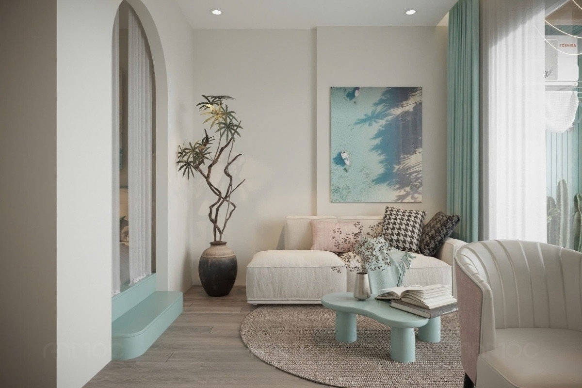 55+ Mẫu Thiết Kế Nội Thất Chung Cư "Đỉnh Nhất" 2026 2729 Tổng thể phòng khách căn hộ Sunrise Riverside 34m2, thiết kế tối giản hiện đại với gam màu pastel nhẹ nhàng, tươi sáng