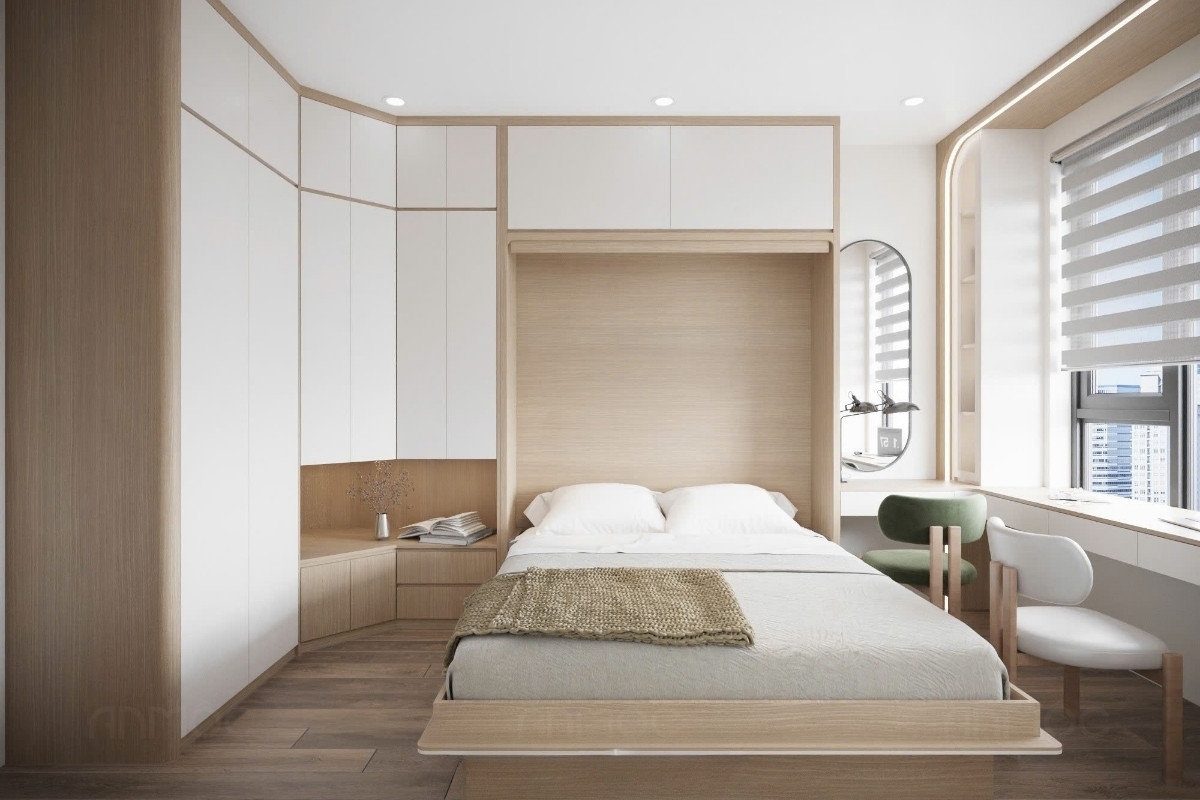 55+ Mẫu Thiết Kế Nội Thất Chung Cư "Đỉnh Nhất" 2026 2587 Tổng thể phòng ngủ căn hộ Bcons Polaris 49m2 được bố trí thông minh, kết hợp gam màu gỗ mang lại cảm giác ấm cúng và thư giãn