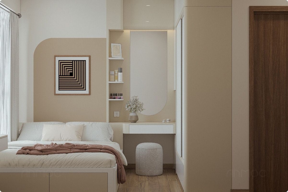 55+ Mẫu Thiết Kế Nội Thất Chung Cư "Đỉnh Nhất" 2026 2636 Tổng thể phòng ngủ lớn trong căn hộ chung cư Bcons Plaza 51m2 với tông màu nhẹ nhàng thanh thoát