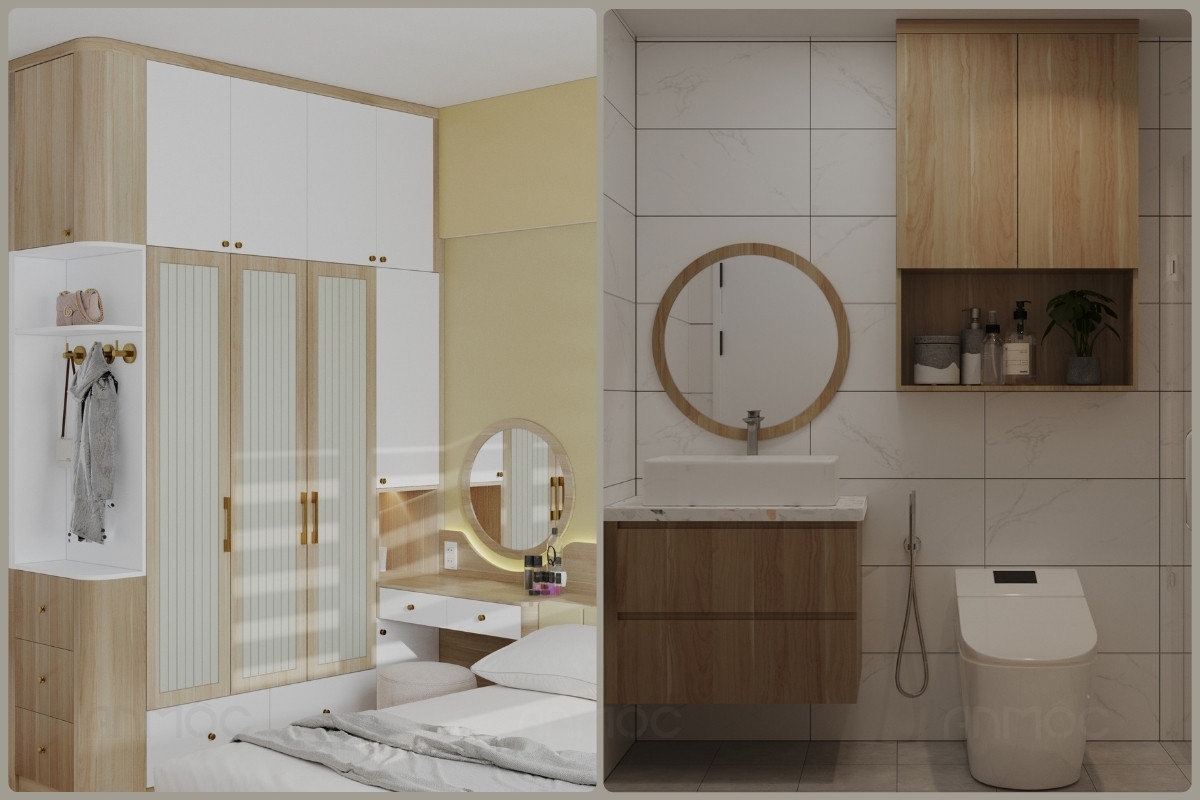 55+ Mẫu Thiết Kế Nội Thất Chung Cư "Đỉnh Nhất" 2026 2614 Tủ áo thiết kế kịch trần tối ưu không gian lưu trữ và phòng vệ sinh phòng ngủ master được thiết kế hiện đại, tiện nghi