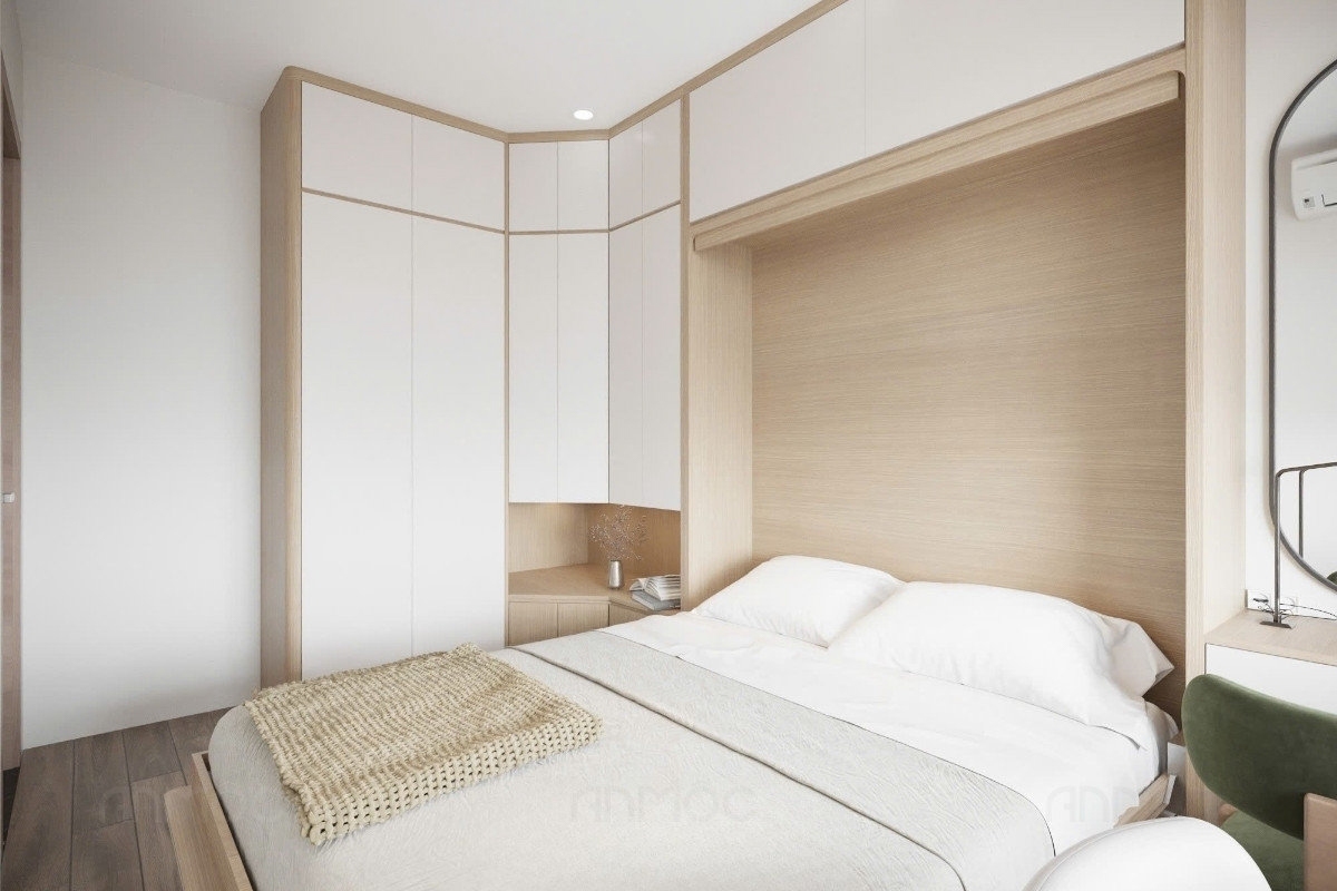 55+ Mẫu Thiết Kế Nội Thất Chung Cư "Đỉnh Nhất" 2026 2588 Tủ quần áo kịch trần tích hợp giường ngủ thông minh gấp gọn, mang đến không gian nghỉ ngơi linh hoạt mà tiện nghi