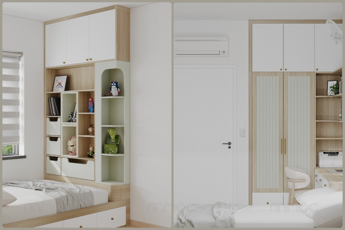 55+ Mẫu Thiết Kế Nội Thất Chung Cư "Đỉnh Nhất" 2026 2615 Tủ trang trí, lưu trữ đa năng và tủ quần áo thiết kế kịch trần, mang lại sự ngăn nắp, tiện nghi, tối ưu không gian cho phòng ngủ nhỏ