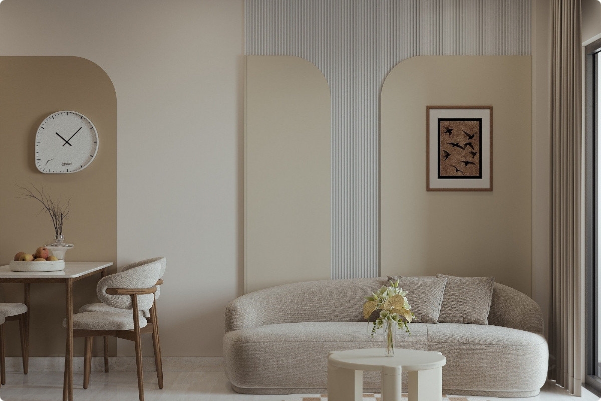 55+ Mẫu Thiết Kế Nội Thất Chung Cư "Đỉnh Nhất" 2026 2628 Vách ốp tường sau sofa tạo điểm nhấn cho không gian phòng khách