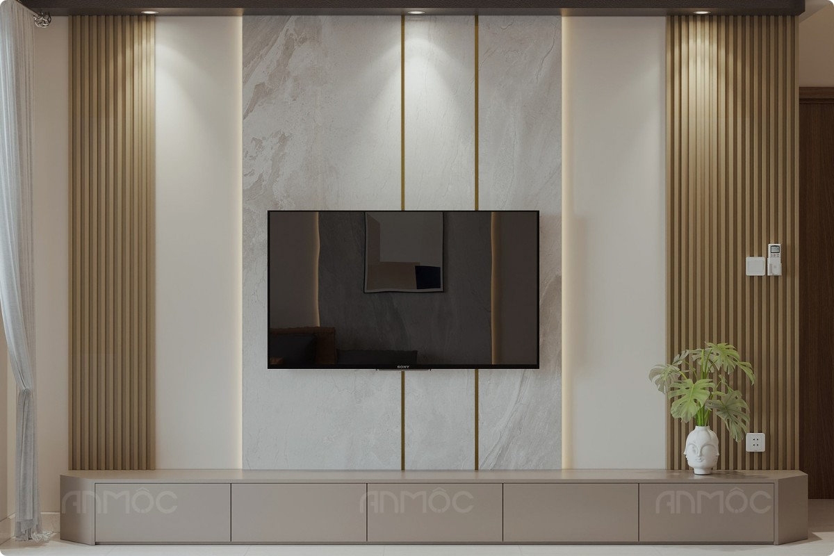 55+ Mẫu Thiết Kế Nội Thất Chung Cư "Đỉnh Nhất" 2026 2752 Phòng khách hiện đại với hệ vách tivi giả đá, lam gỗ