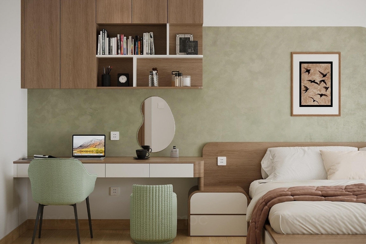 55+ Mẫu Thiết Kế Nội Thất Chung Cư "Đỉnh Nhất" 2026 2546 Bàn làm việc tích hợp bàn trang điểm bố trí gọn gàng, hài hòa giữa nghỉ ngơi và làm việc cho phòng ngủ lớn chung cư Vinhomes Central Park 83m2