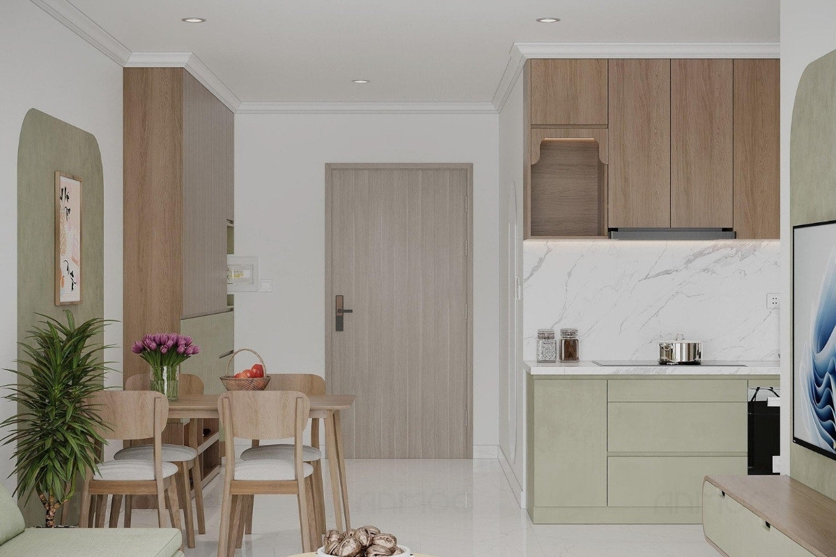 55+ Mẫu Thiết Kế Nội Thất Chung Cư "Đỉnh Nhất" 2026 2548 Góc nhìn từ phòng khách hướng ra không gian bếp và bàn ăn của căn hộ Vinhomes Central Park 83m2