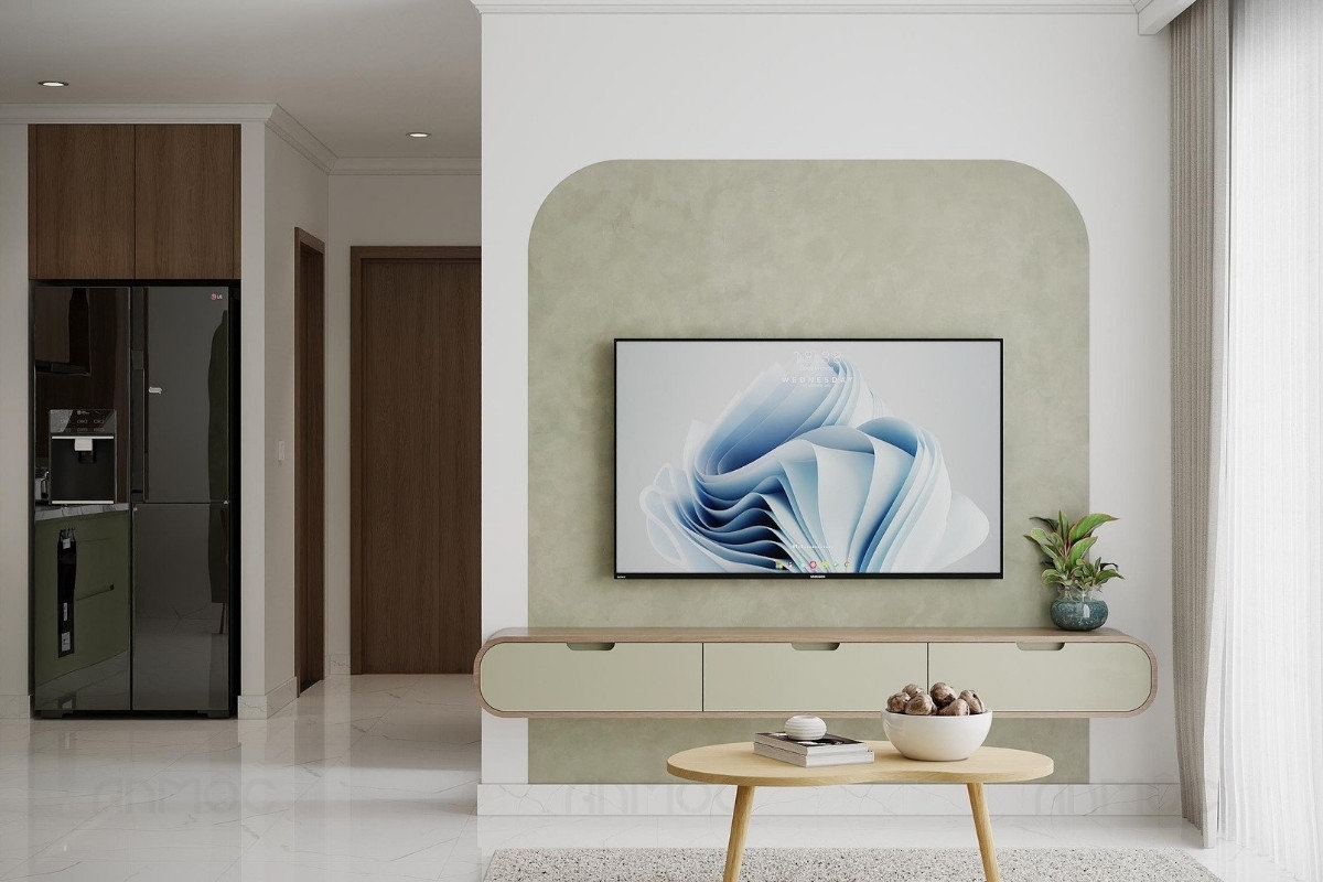 55+ Mẫu Thiết Kế Nội Thất Chung Cư "Đỉnh Nhất" 2026 2549 Kệ TV treo tường với đường nét bo cong mềm mại, tạo điểm nhấn nhẹ nhàng cho không gian phòng khách